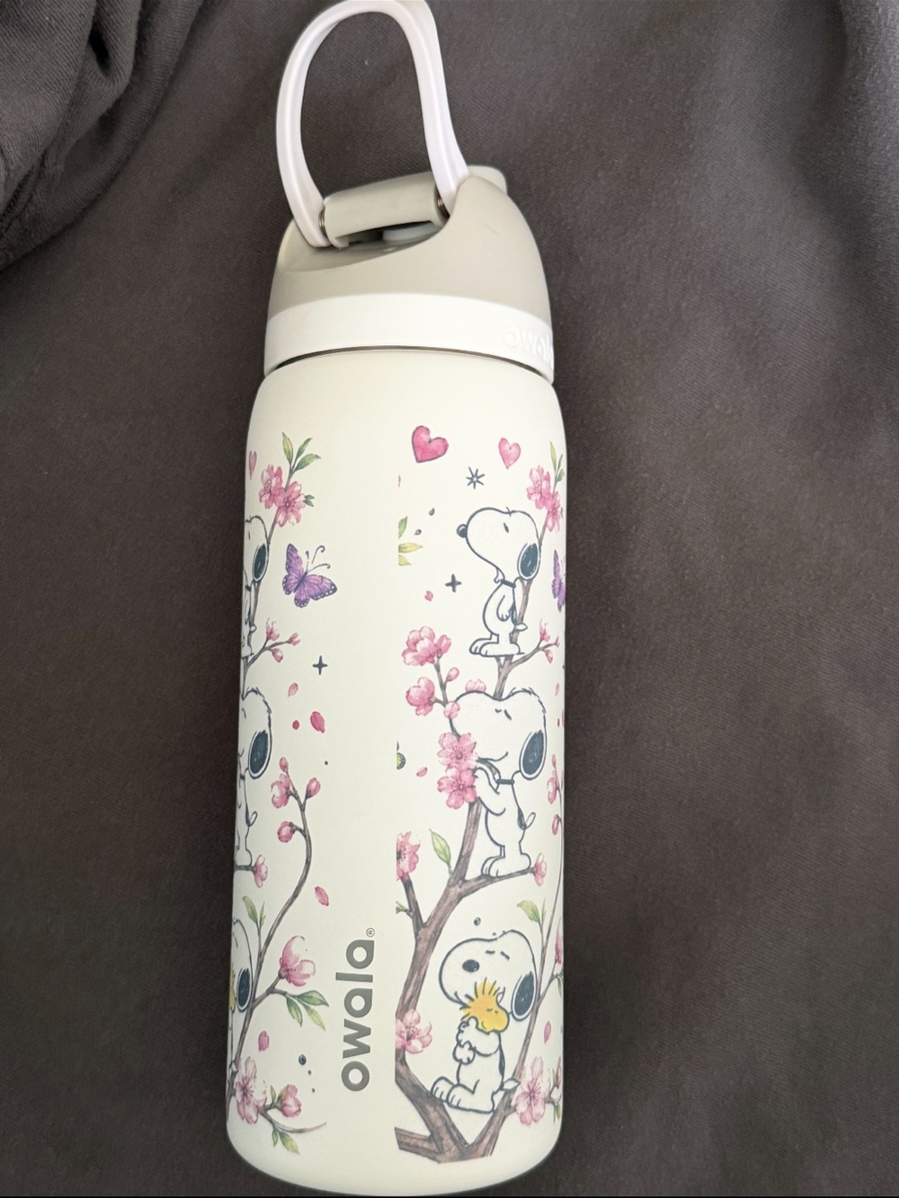 Kids Water Bottle - White with Pink Snoopy Floral Design